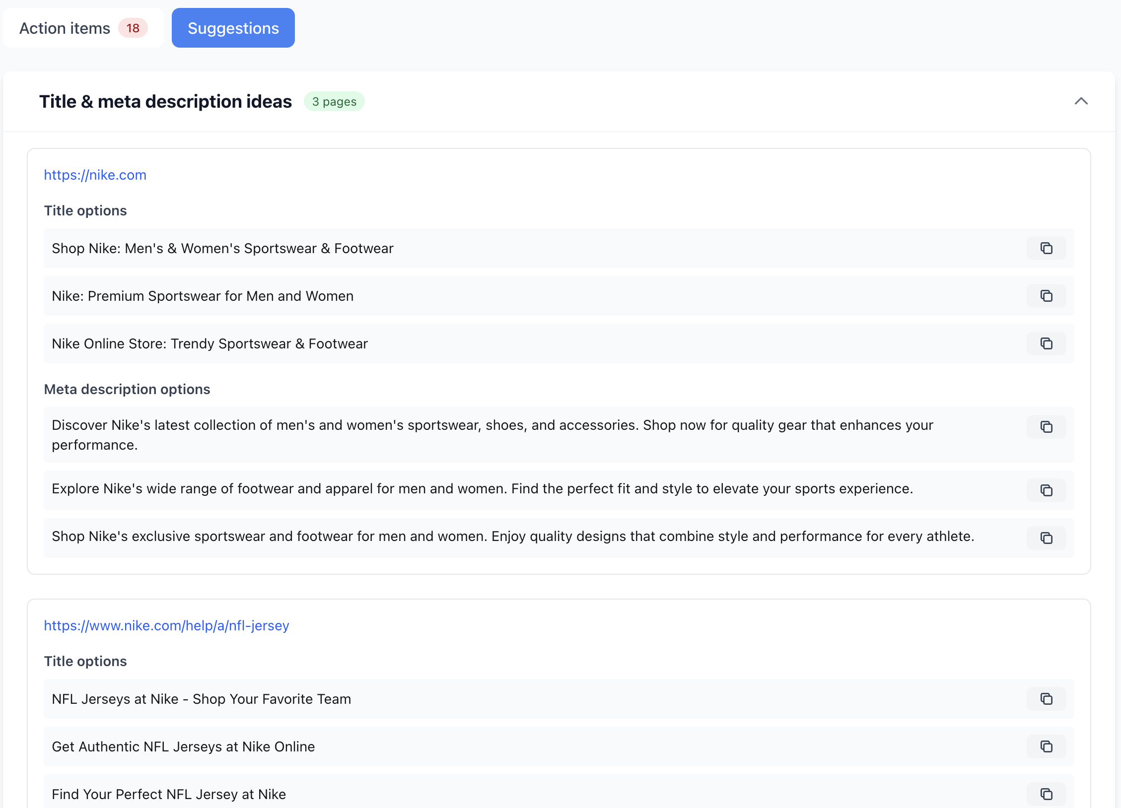 Screen showing improvement suggestions for title and meta description from AI SEO Diagnosis. Displays draft candidates for AI searches.
