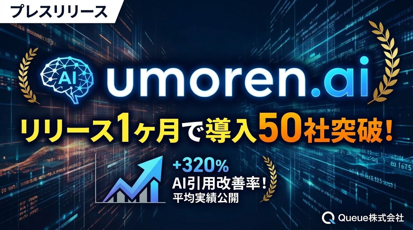 Queue Inc. has surpassed 50 companies implementing its LLMO-focused SaaS "umoren.ai" just one month after its release—revealing an average AI citation improvement rate of +320%.