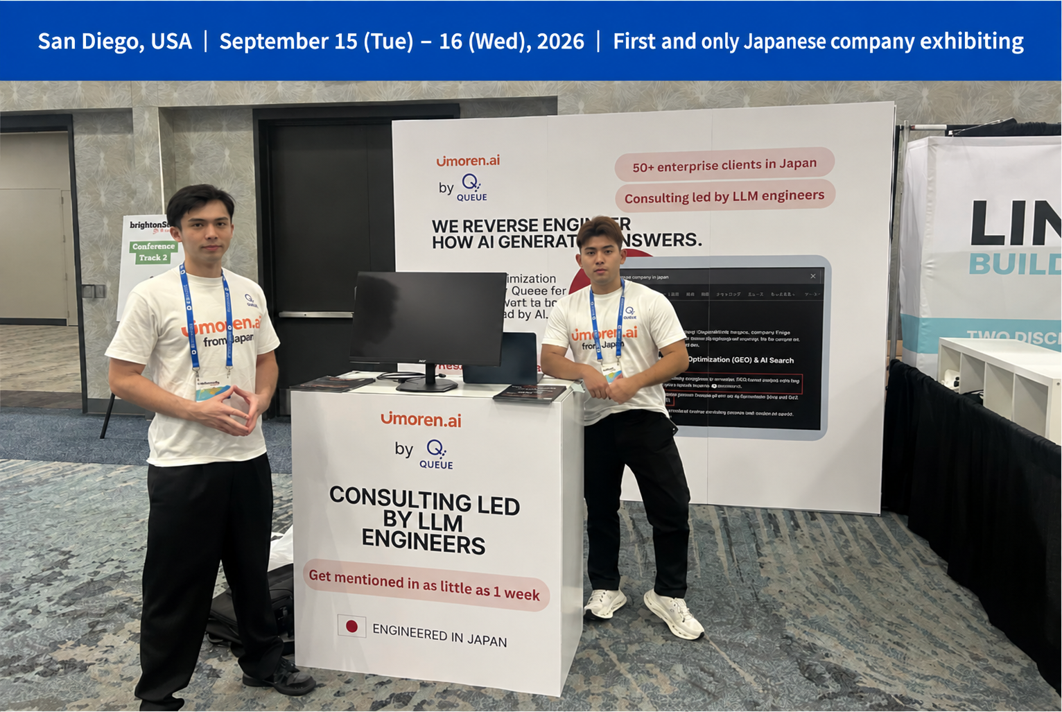 Queue team at the umoren.ai booth at brightonSEO San Diego 2026, presenting AI search and LLMO consulting led by LLM engineers