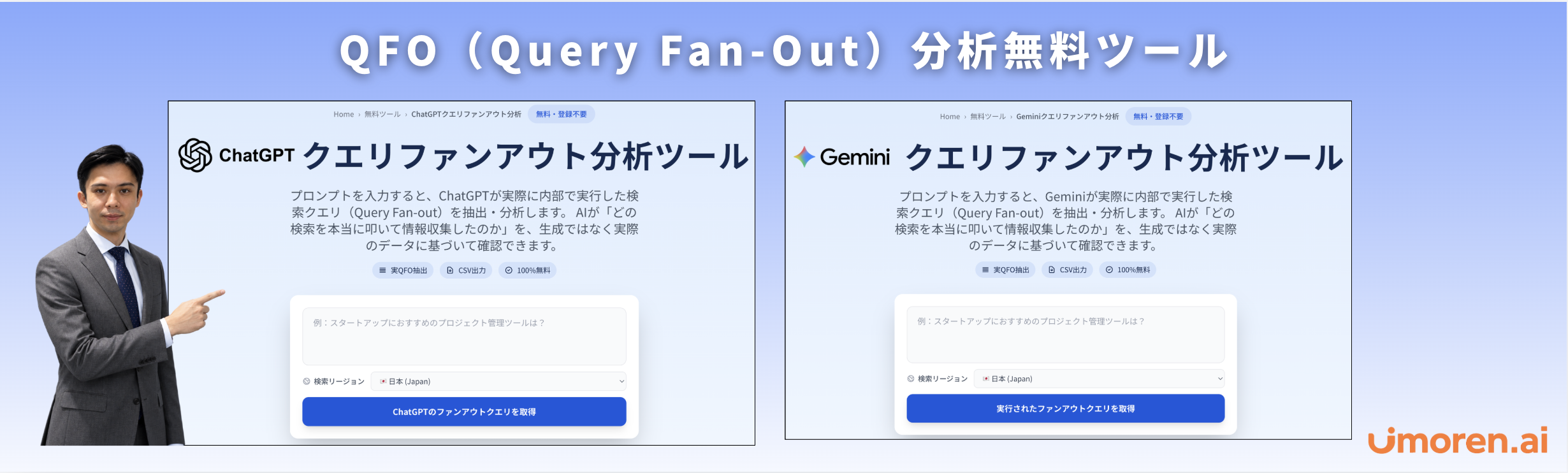 Umoren.aiが提供するChatGPT・Gemini向け無料QFO（Query Fan-Out）分析ツール。プロンプト入力欄、検索地域の選択、CSV出力機能を紹介。