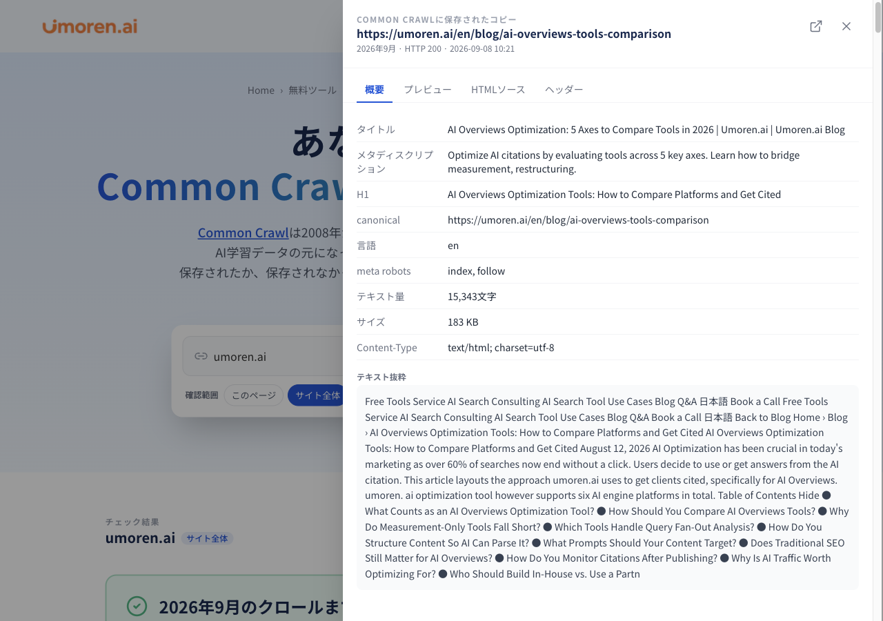 図5｜保存コピーの「概要」。title、description、H1、canonical、テキスト量などを確認。