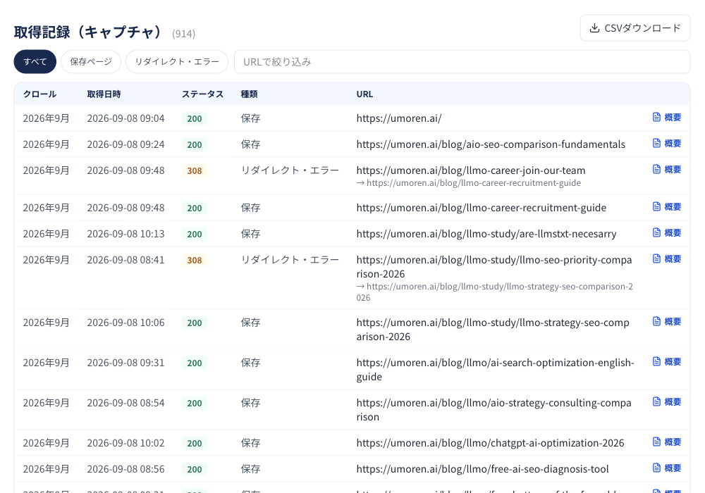 図9｜取得記録（キャプチャ）一覧。URLフィルターとCSVダウンロードを備える。