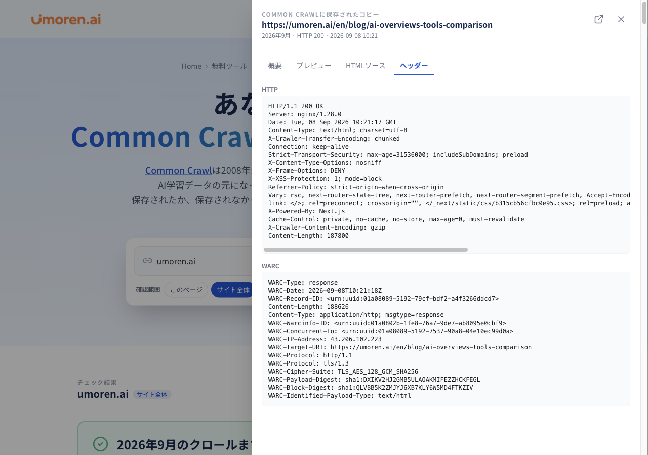 図8｜「ヘッダー」。HTTPレスポンスとWARC記録を確認できる。