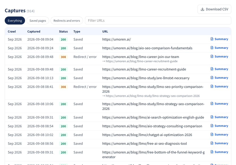 Figure 9 | Capture records list. Includes a URL filter and CSV download.