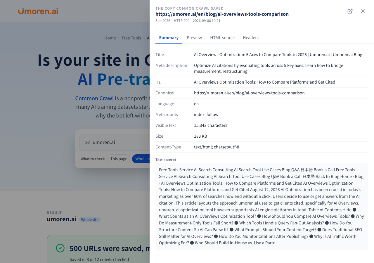 Figure 5 | The “Summary” tab of a saved copy. Check the title, description, H1, canonical, text volume, and more.