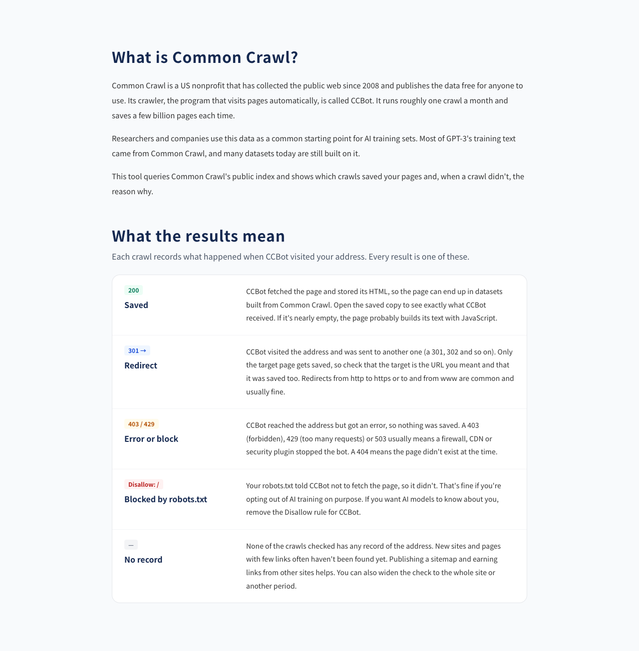 Figure 13 | The Common Crawl explanation in the tool and descriptions of the main statuses.