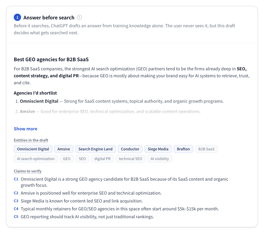 Figure 3 | Pre-search answer. You can review candidate companies, entities, and claims to verify (C1 and onward) in one place.
