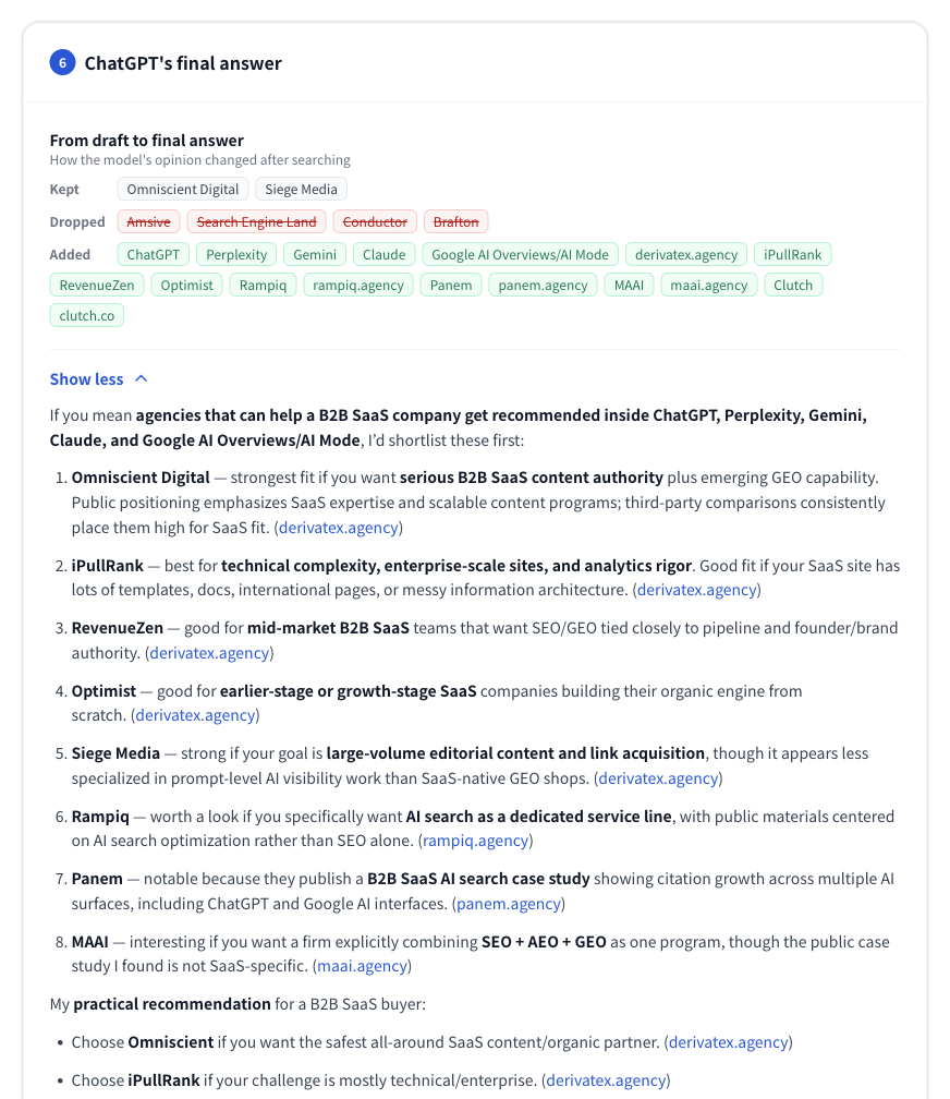 Figure 9 | Differences between pre-search candidates and the final answer. You can review &ldquo;Dropped&rdquo; and &ldquo;Added&rdquo; brands at a glance (top of screen).